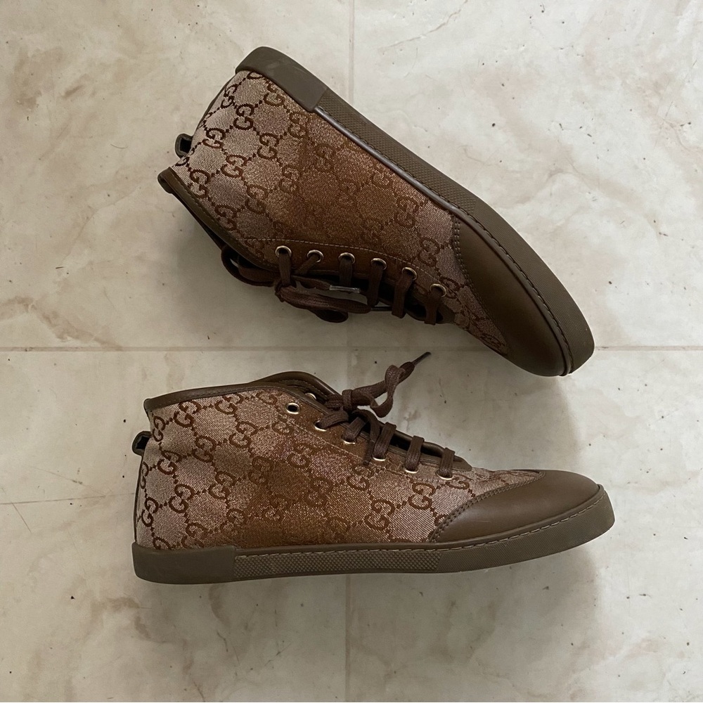 $985 Gucci Made in Italy GG Monogram Lurex Brown Leather Canvas Sneakers Size 6